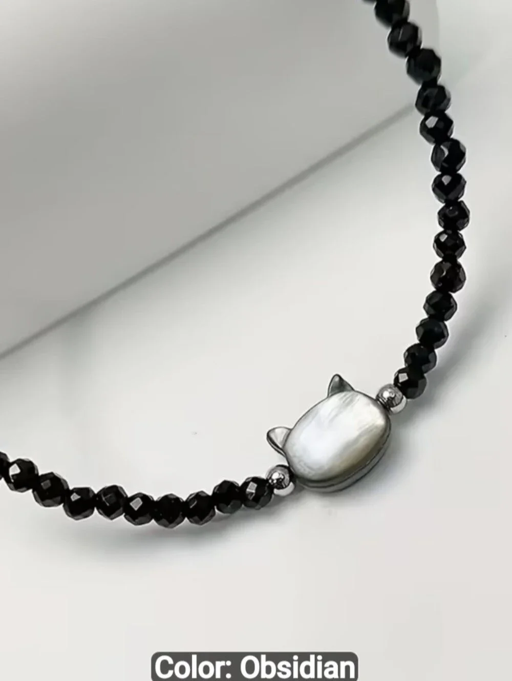 🐈‍⬛🐈‍⬛NEW🐈‍⬛🐈‍⬛ PRETTY!! Faceted Natural Stone OBSIDIANBlackCat HeadNecklace